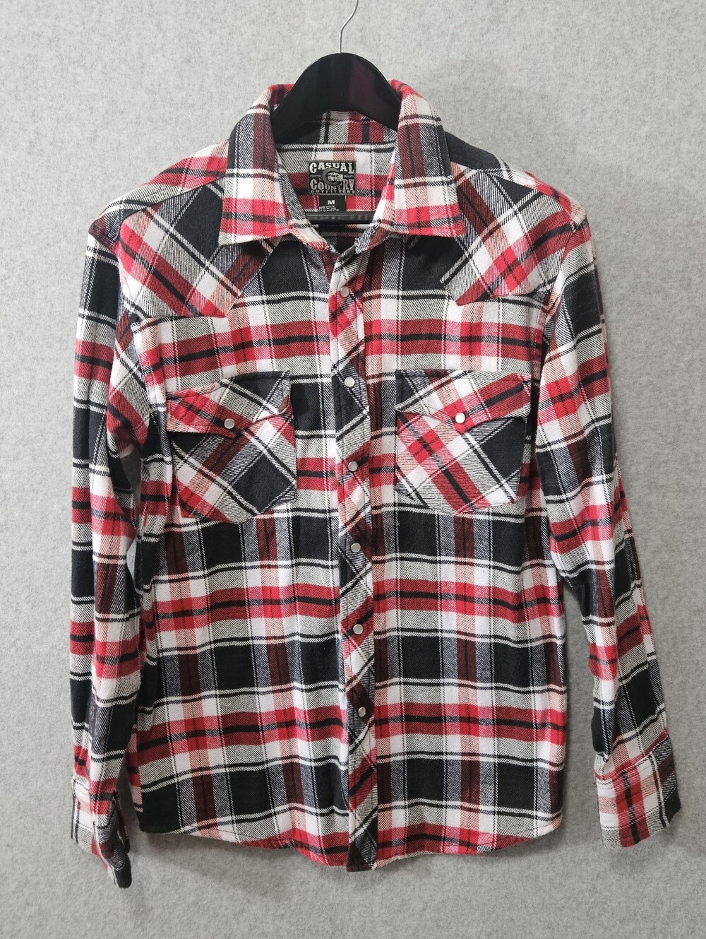 Men's Casual Country Red Black White Plaid Snap-Front Shirt Size M